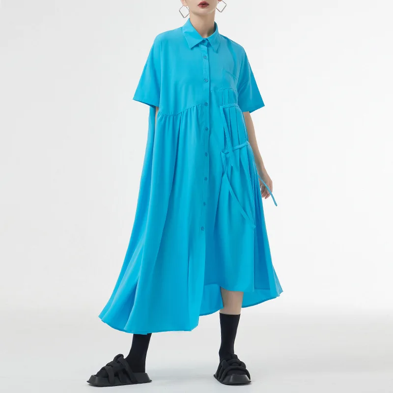 

Женское асимметричное платье-рубашка с отложным воротником, повседневное свободное платье-макси в Корейском стиле с короткими рукавами и складками, модель 2023 на лето, 90883