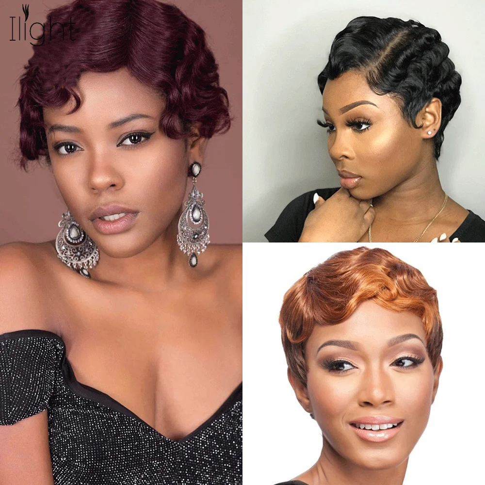 

Remy Human Hair Short Pixie Cut Wig 1920's Flapper Hairstyles for Women Machine Made Short Finger Wave Retro Style Wig Cosplay