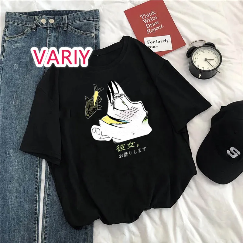 

Kawaii TShirt for Women Kanojo Okarishimasu Soft Leisure Short Sleeve T Shirt Anime Design Loose Graphic T Shirts Y2K Japanese