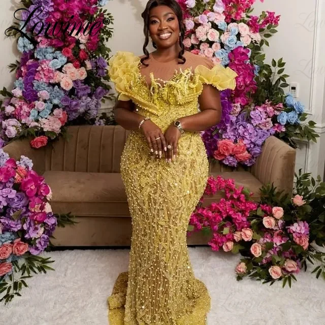 

Золотые искусственные африканские платья-русалки для выпускного вечера Aso Ebi, арабское обручальное платье с бисером для свадебной вечеринки, индивидуальный пошив, официальное вечернее платье