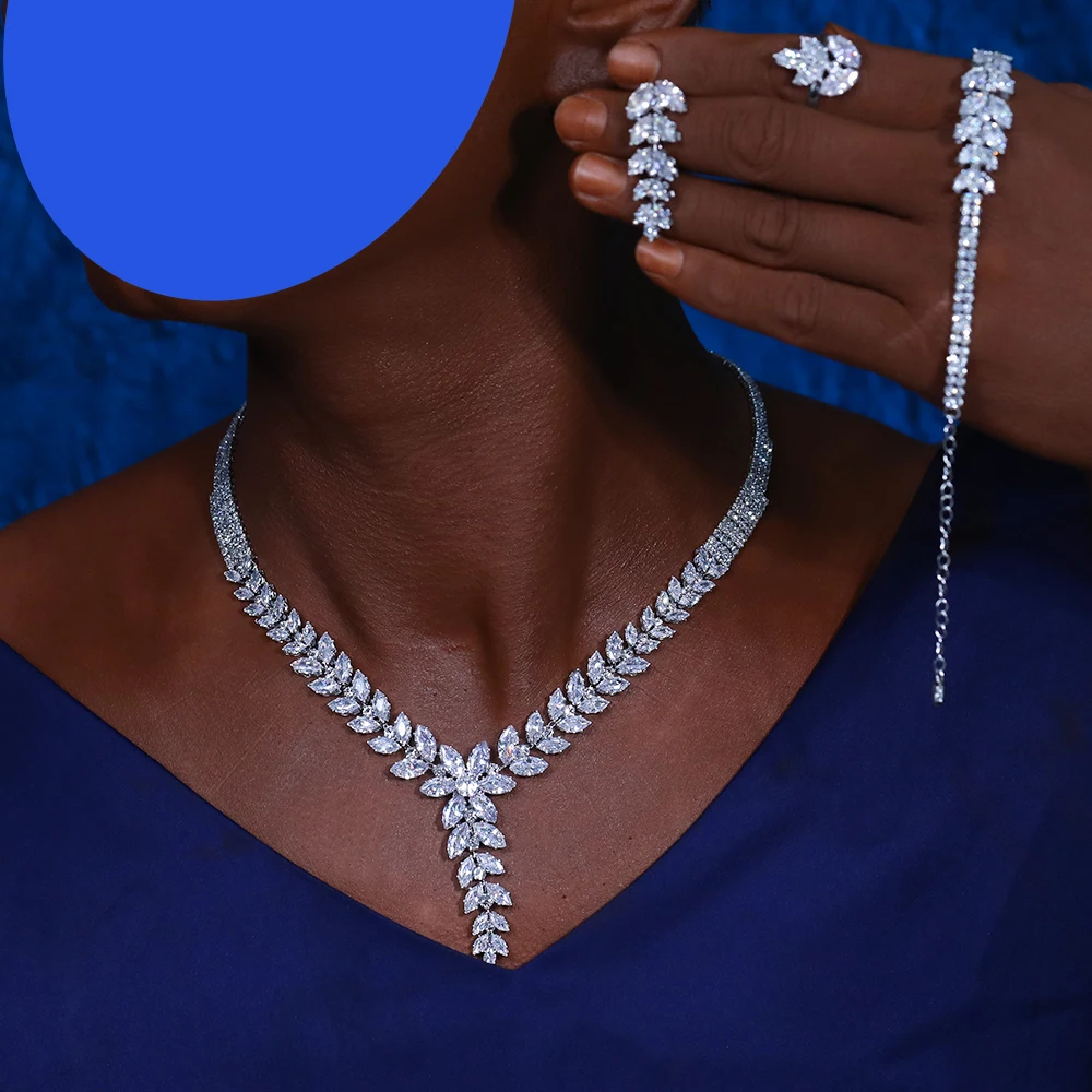 

Dubai Bridal 4pcs Crystal CZ Zircon Necklace Leafs Earrings Luxury Party Wedding Jewelry Sets For Women