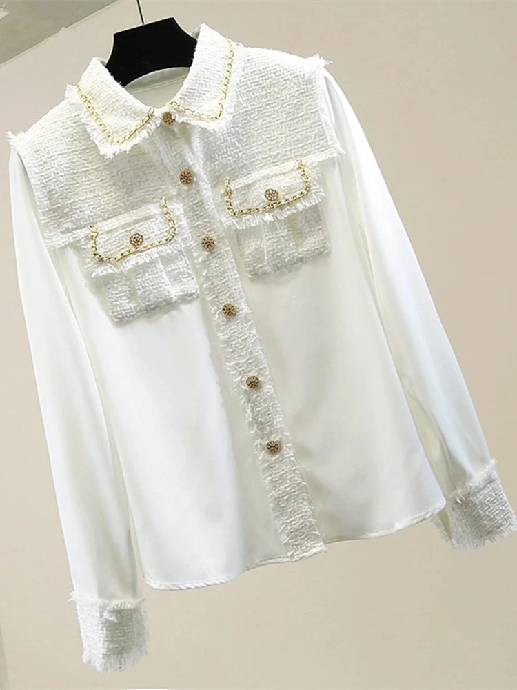 

2022 Fashion Designer Tweed Patchwork Chiffon Shirt Blouse Women Vintage Long Sleeve Gold Chain Pearls Weave Tassels Pocket Tops