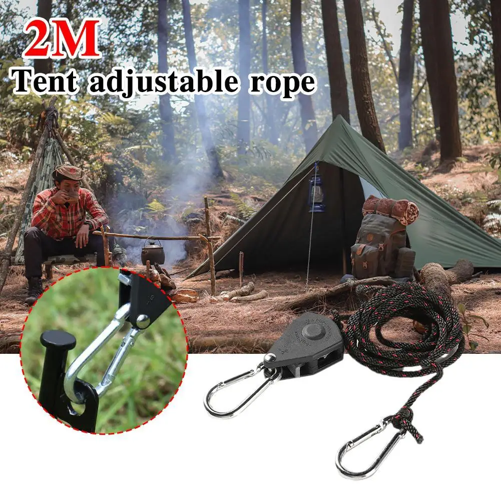 

2M Tent Adjustable Rope Fastener Fixed Buckle Pulley Tensioner Hangers Light Lifting Camping Awning Wind Rope Universal Portable
