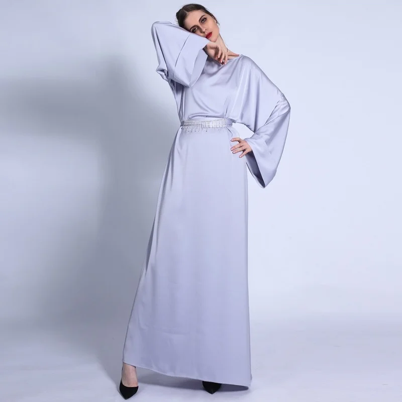 Plain Fashion Satin Abaya Maxi Dress for Women Loose Hijab Dresses Morocco Kaftan Diamonds Tassel Belt Dubai Turkey Robe Autumn