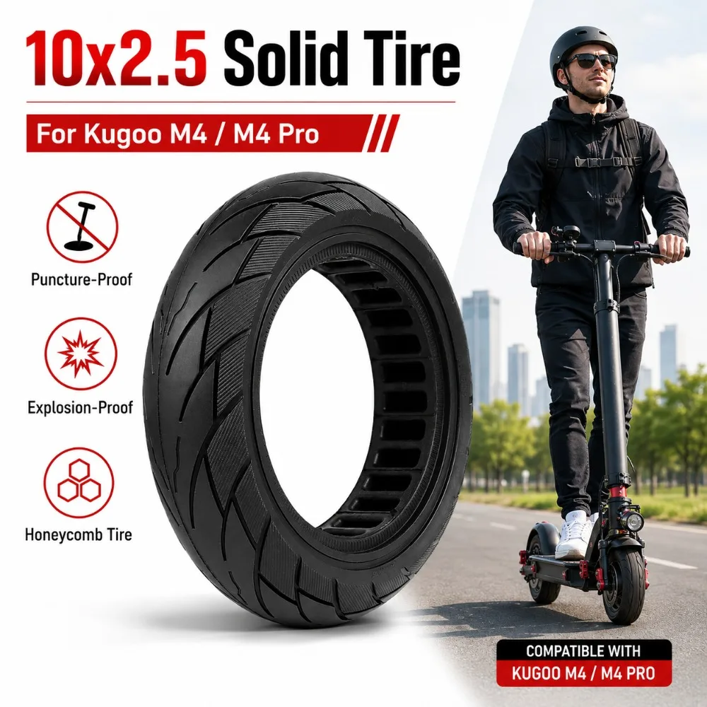 Фото Цельная шина 10X2.5 подходит для электросамокатов Kugoo M4/M4 Pro, антипрокольная и взрывозащищённая шина с сотовой структурой. №1