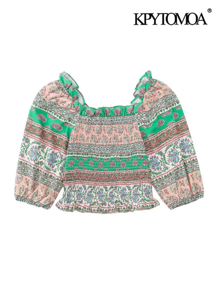 

KPYTOMOA Women Fashion With Ruffles Printed Smocked Crop Blouses Vintage Straight Neck Short Sleeve Female Shirts Chic Tops
