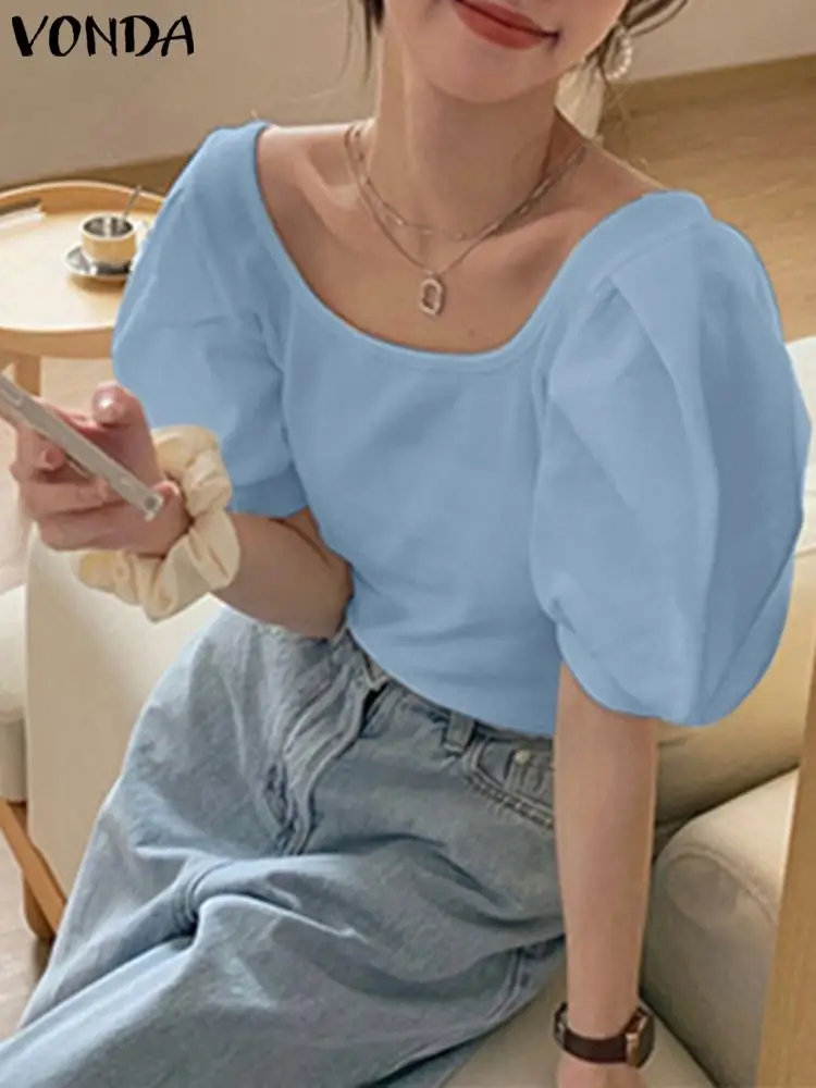 

Summer Women Tops 2022 VONDA Short Sleeve Solid Pleated Top Tunic Puff Sleeve Casual Elegant Blouse Party Blusas Streetwear