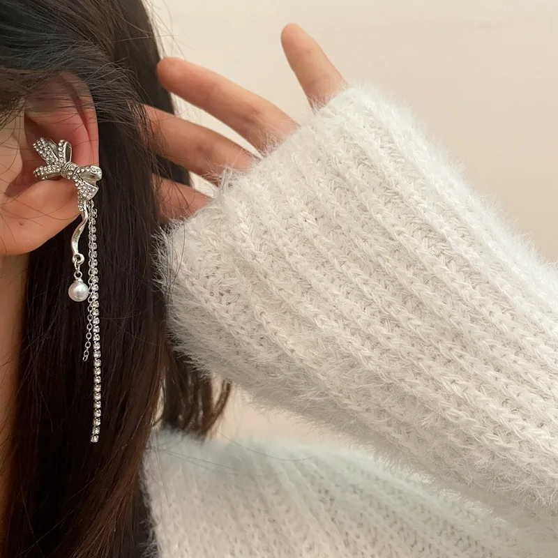 Роскошные Длинные серьги-каффы с кристаллами на цепочке, серьги-бабочки для женщин, подвески, искусственный пирсинг, бант, серьги-каффы для ушей, корейские украшения