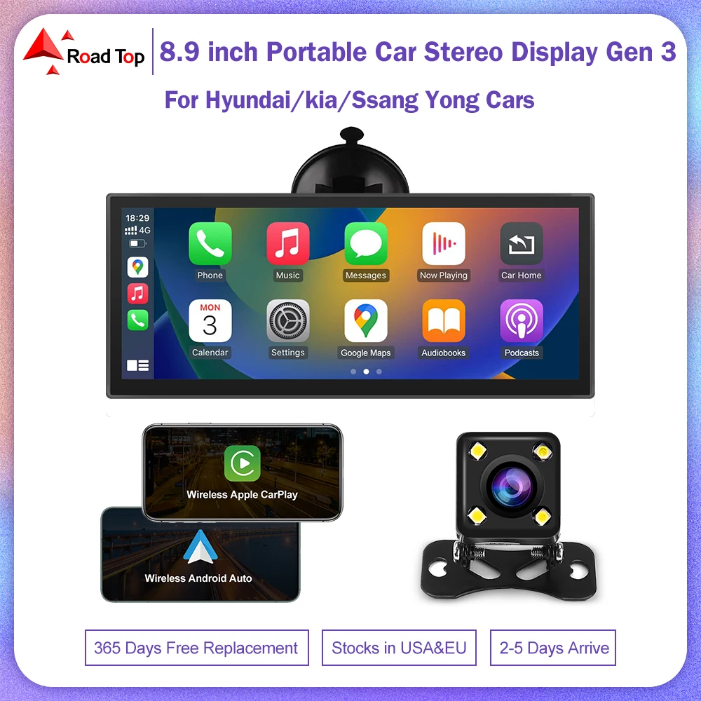 

Road Top Универсальный 8,9 дюймовый беспроводной Carplay и Android авто сенсорный экран для Hyundai/Kia/Ssang/Yong автомобилей GPS Wifi обратная камера