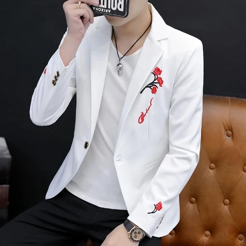 

Осенняя мужская куртка с цветочной вышивкой, модный приталенный маленький костюм, повседневный мужской топ