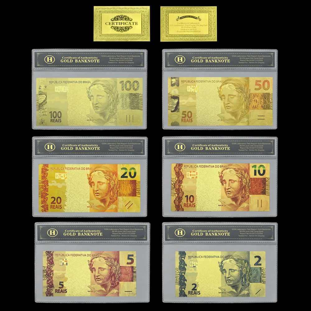 

6pcs/set Souvenir Brazil 2 5 10 20 50 100 Brazil Reals Gold Banknotes Paper Money Commemorative Crafts with Plastic Sleeve