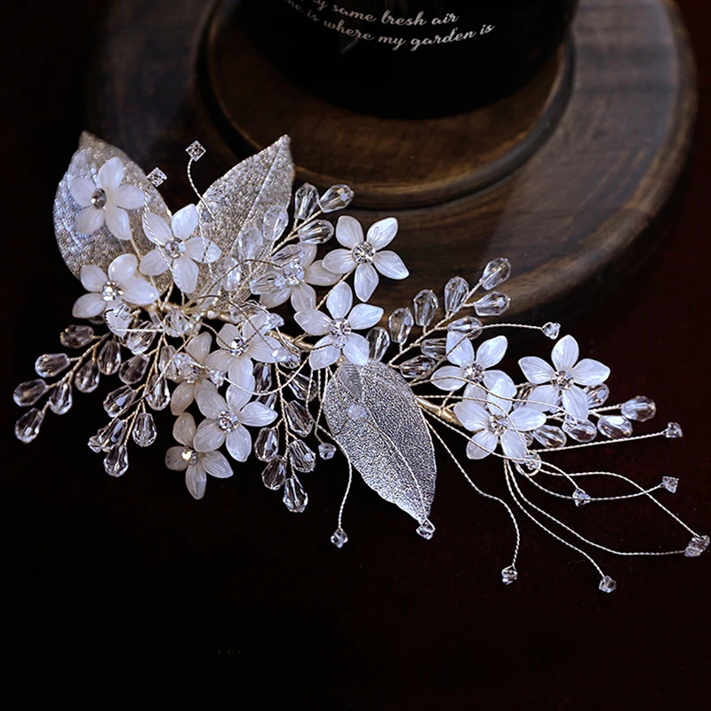 

New Handmade Crystal Beads Dream Silver Leaf Bride Hair Fringe Headwear Headdress Wedding Dress Studio Accessories