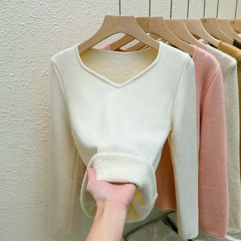 

2023 Autumn Winter Warm Velvet Sweater Fashion Women Casual V-neck Fleece Thick Knitwear Office-lady Long Sleeve Tops New 29779