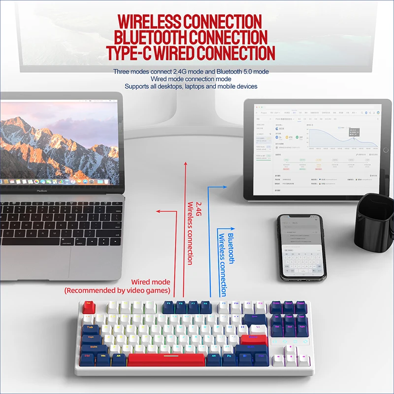 ZIYOULANG K87 RGB Game Mechanical Keyboard Bluetooth 2.4Ghz 
