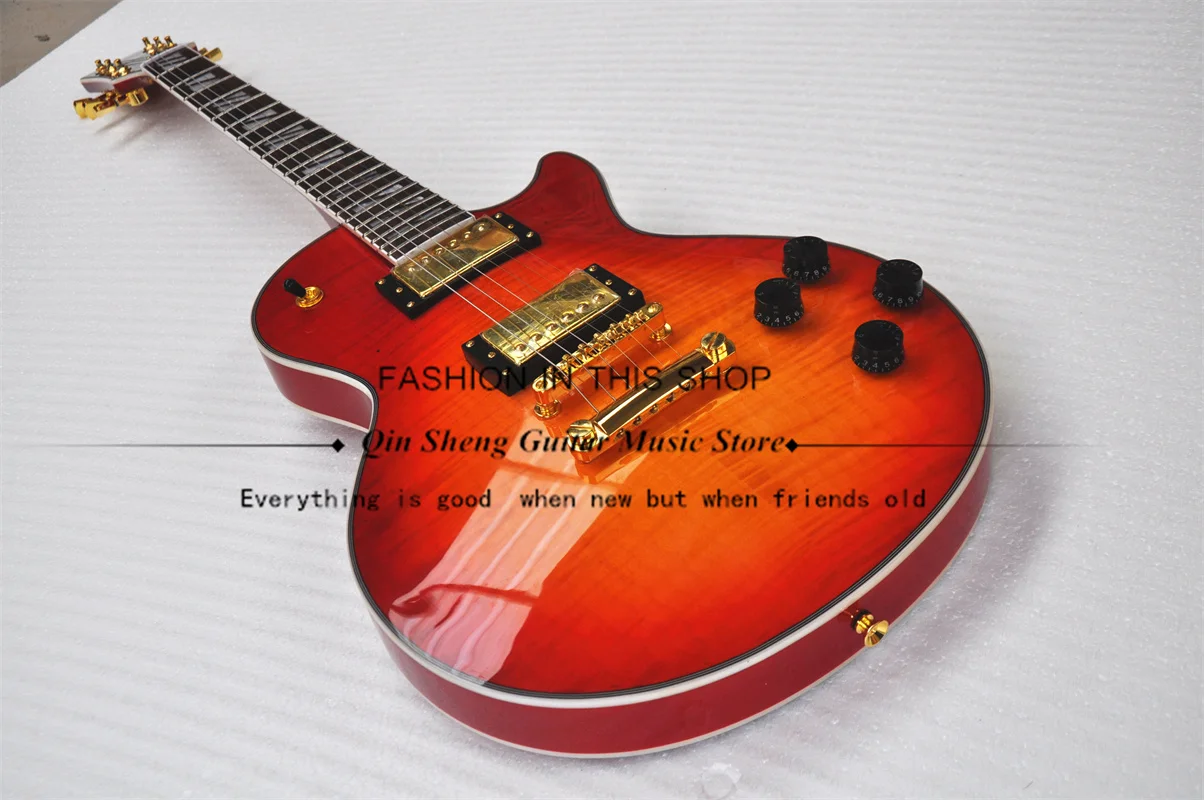 

6-струнная электрическая гитара, гитара Sunburst, корпус из огненного Кленового Шпона красного дерева, искусственная кожа, Золотой мост