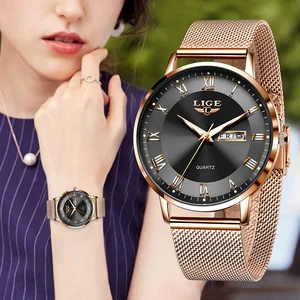 Imported LIGE Women Watch Bracelet Quartz Clock Movement Simple Waterproof Rose Gold Stainless Steel Mesh Lad