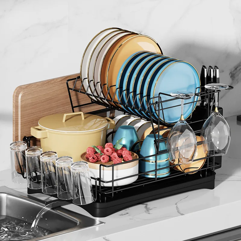 

2 Tier Kitchen Dish Bowl Drainer Storage Rack With Chopstick Cage Kitchen Sink Organizer Tableware With Drainboard Storage Rack