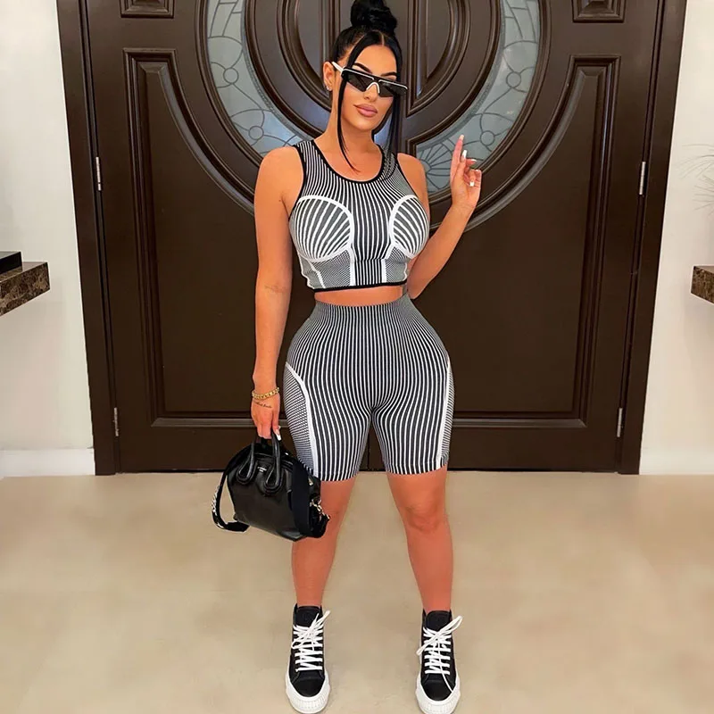 

Striped 2 Piece Short Sets Womens Outfits Sporty Fitness Workout Tracksuit Tank Crop Top and Shorts Running Joggers Sweatsuits