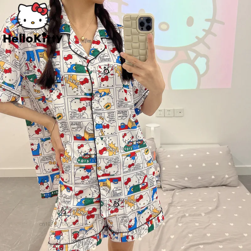 Sanrio Hello Kitty Cartoon Y2k Sweet Summer New Style Cute Cardigan Cotton Short Pyjamas Suit Women Loose Fitting Homewear Set