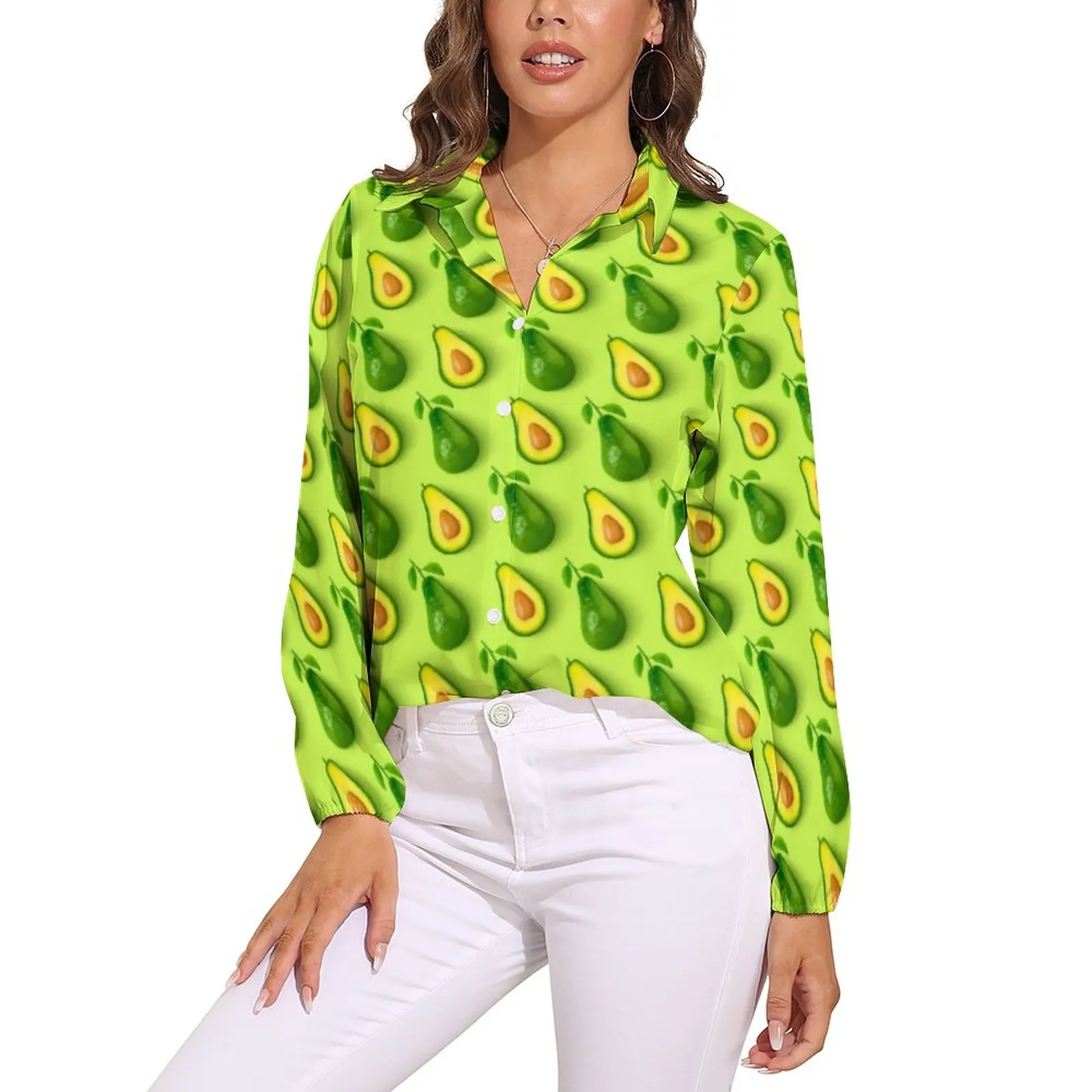 

Green Avocado Blouse Female Cute Fruit Print Street Style Loose Blouses Long Sleeve Vintage Shirts Custom Clothes Large Size