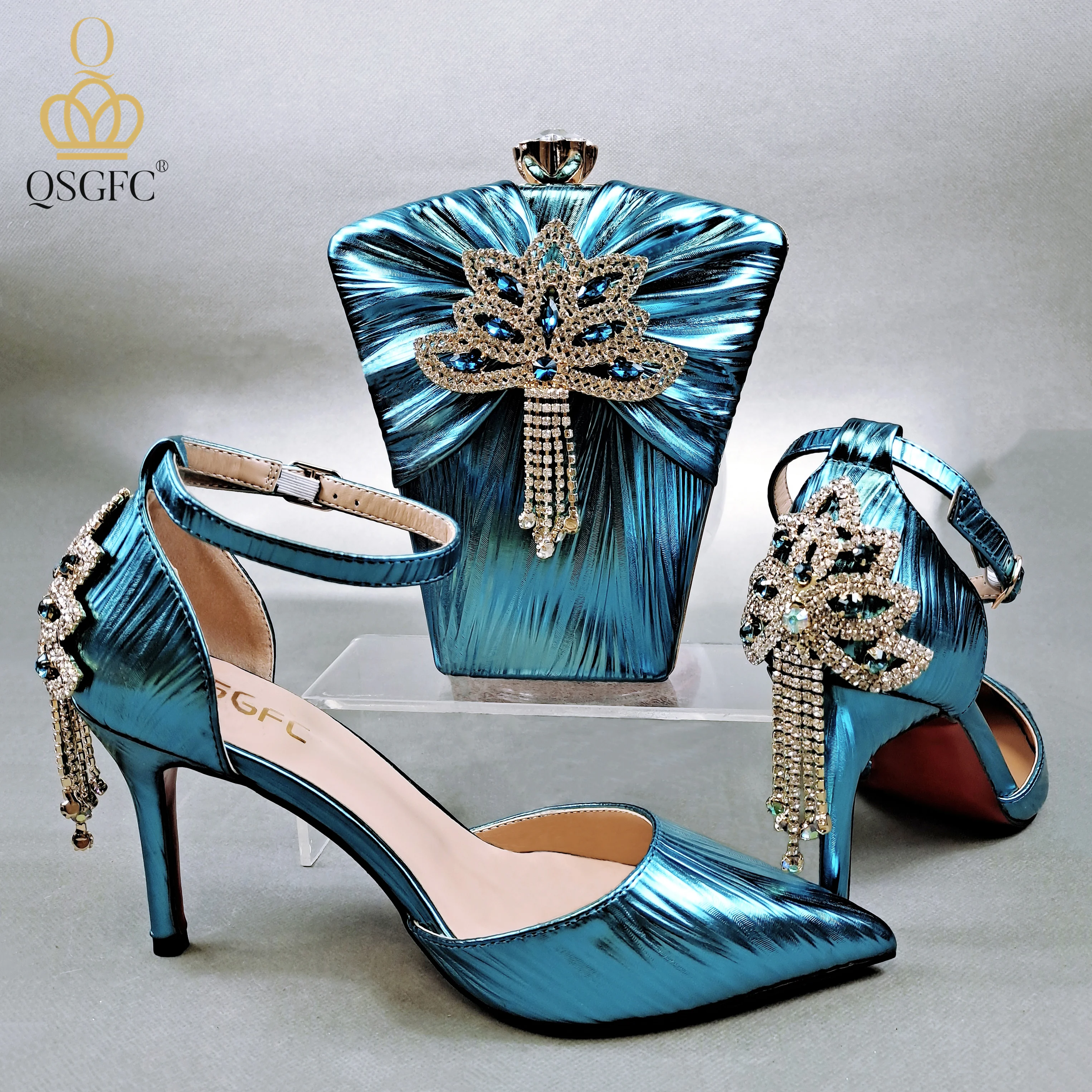 

QSGFC Hot Selling Fashion Noble High Heels Party Wedding Ladies Shoes and Bag With Crystal Decoration in Blue Color