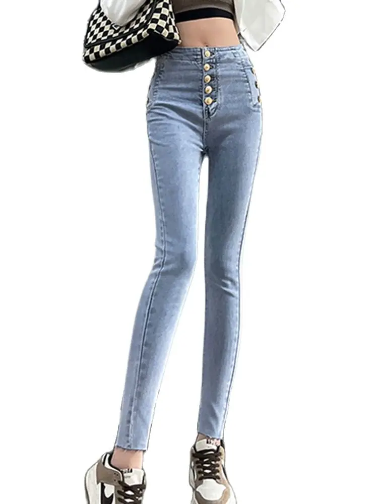 

Casual jeans 2022 spring and autumn breasted high waist show thin elastic nine points small feet fashion women's clothing