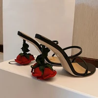 ladies rose heeled slippers open toe red flower high heel sandals women summer party shoes sexy flower slippers plus size 42