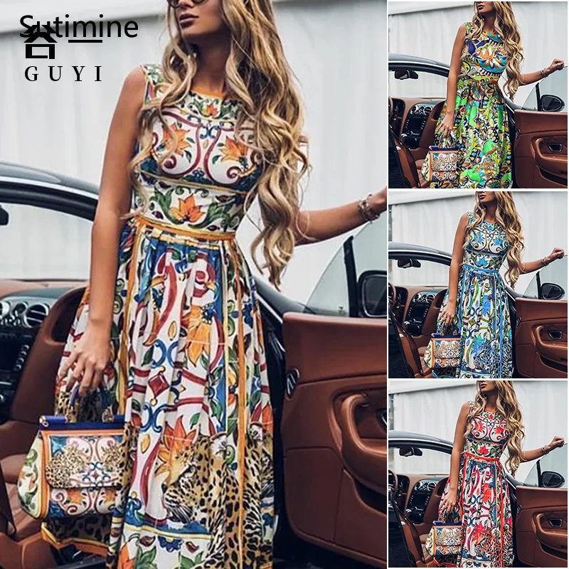 

Элегантное женское летнее платье, лидер продаж, темпераментное платье без рукавов с круглым вырезом и принтом