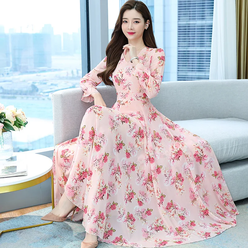 Muslim Spring Summer Dress Maxi Dresses For Women 2023 Long Sleeve Vestito Floreale Casual Chiffon Robe Vestidos De Fiesta