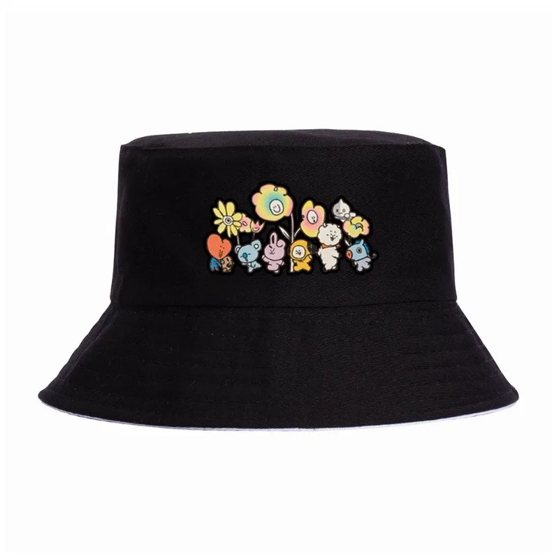 Фото Новая корейская милая мультяшная кепка BT21 из холщовой ткани для родителей и детей, летняя рыбацкая шляпа, универсальная защита от солнца и УФ-излучения №2