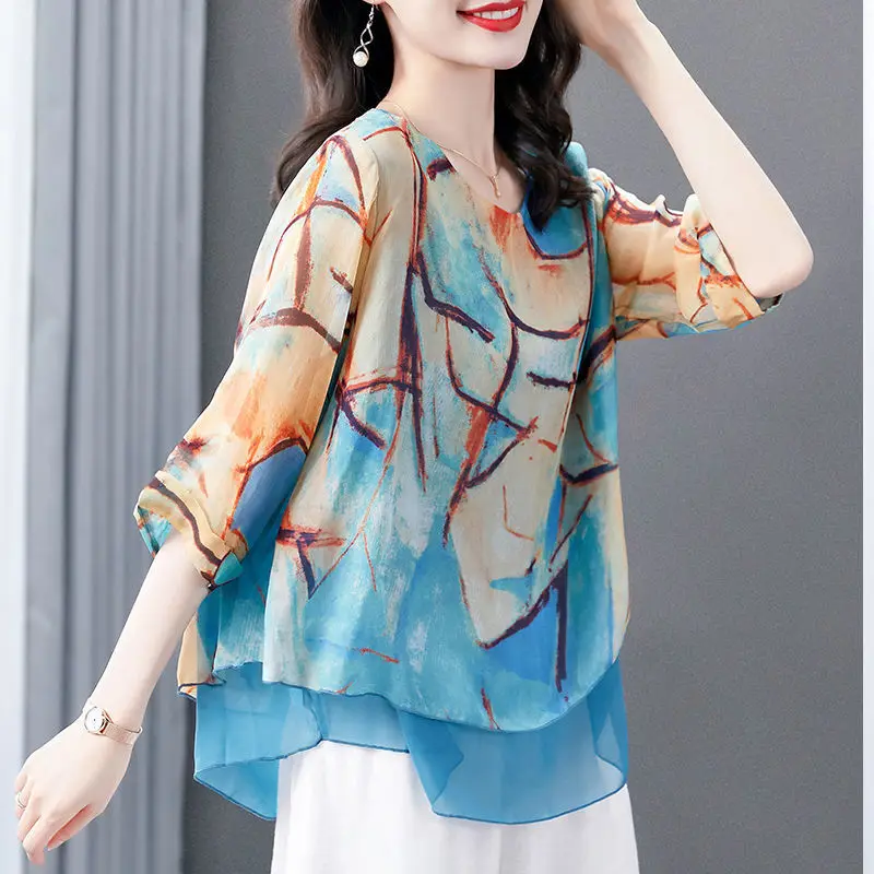 

Middle-aged and elderly mothers wear printed chiffon shirt 2021 summer new loose and thin T-shirt short-sleeved western-style