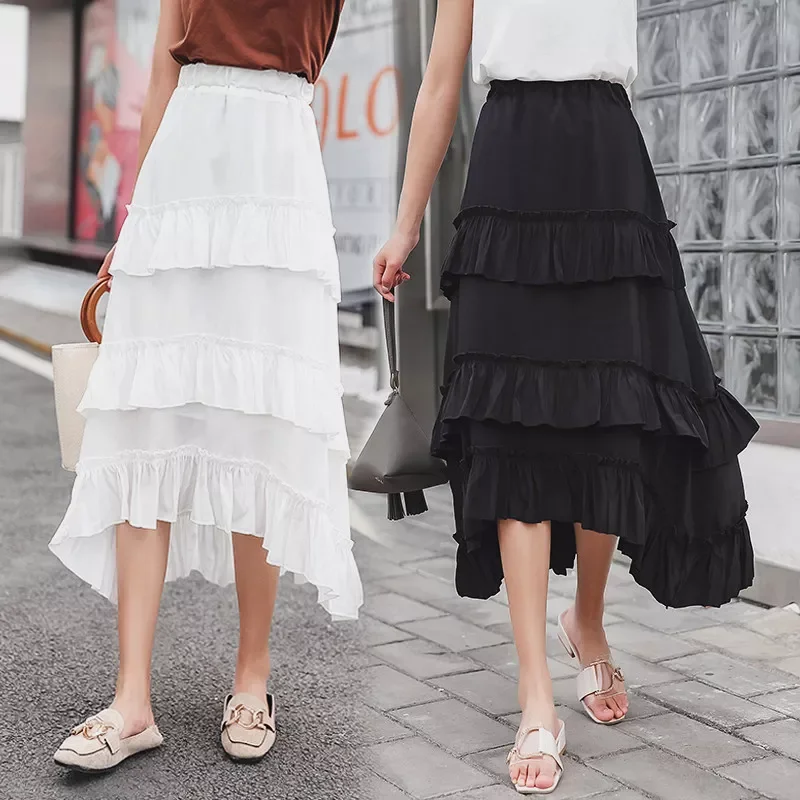 

Midi Long Skirts Womens Maxi Skirt Goth Lolita Summer High Waisted Asymmetrical High Low Ruched Ruffle Skirts Rok