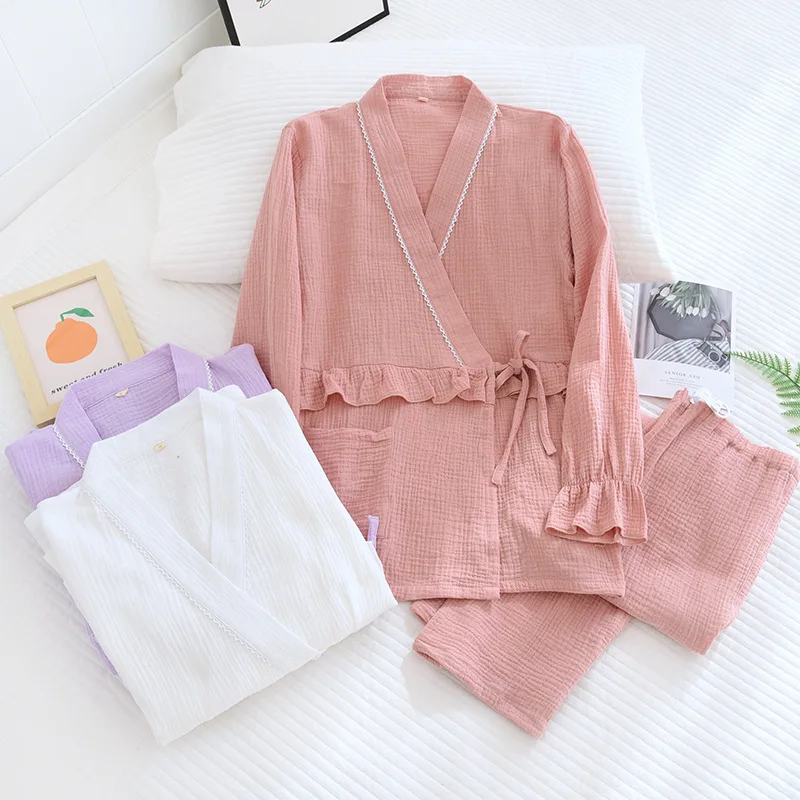 

Japanese kimono two-piece spring and summer new women's maternity pajamas long-sleeved trousers set cotton crepe home clothes