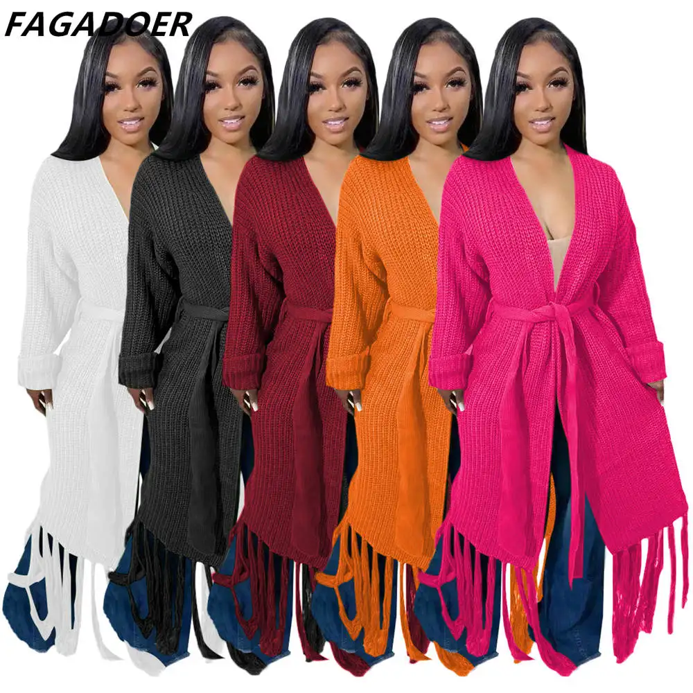 

FAGADOER Fall Winter Long Sleeve Knitted Sweater Top Women Solid Loose Style Cardigan Casual Tassel Lace Up Coat Streetwear 2022