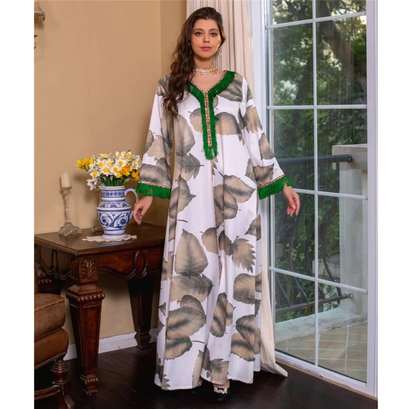 Abaya Leaf Printed Long Dress for Women Arabic Party Kaftan Braided Trimming Saudi Gulf Dubai Jalabiya Muslim Evening Dresses