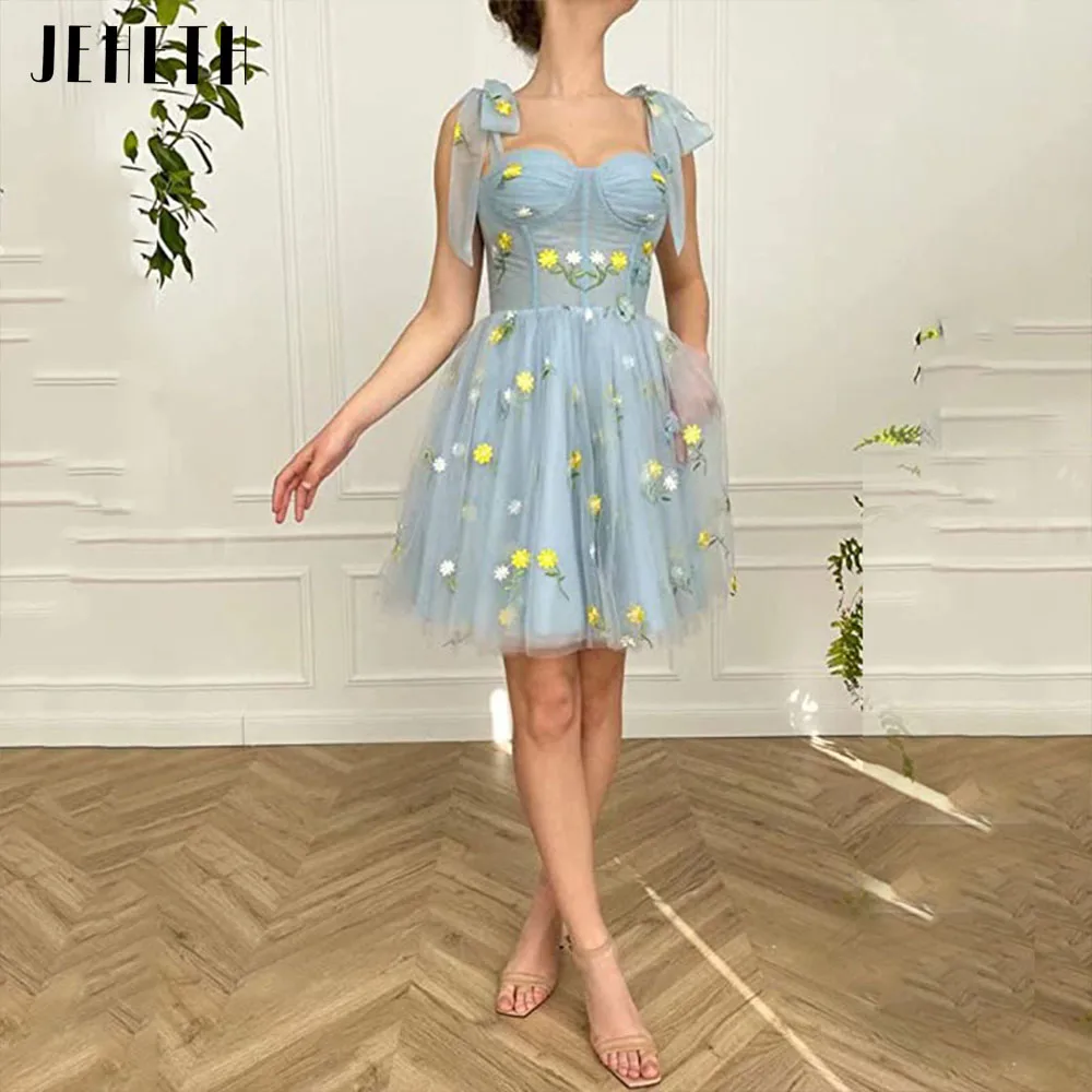 

JEHETH Blue Flower Butterfly Tulle Pastoral Prom Dress Mini Short Bow Straps A Line Evening Homecoming Formal Gown with Pockets