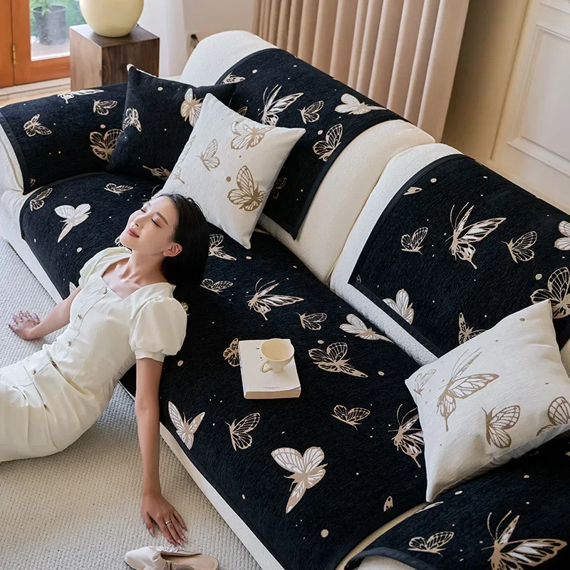 Modern Chenille Sofa Cover Butterfly Embroidery Cushion Four Season Universal Couch Mat Living Room Anti-slip
