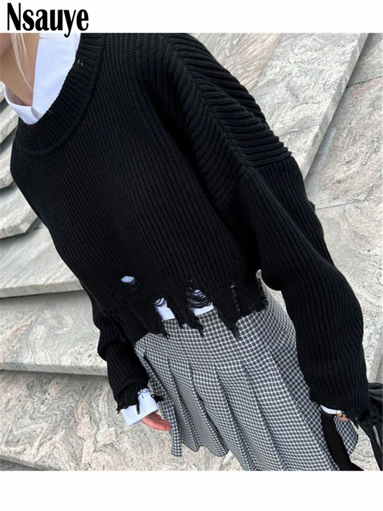 

Nsauye Winter Pullover Knitted Y2K Hollow Out Sweater Women Jumpers Tops 2022 Fashion Mini Casual O Neck Long Sleeve Sweater