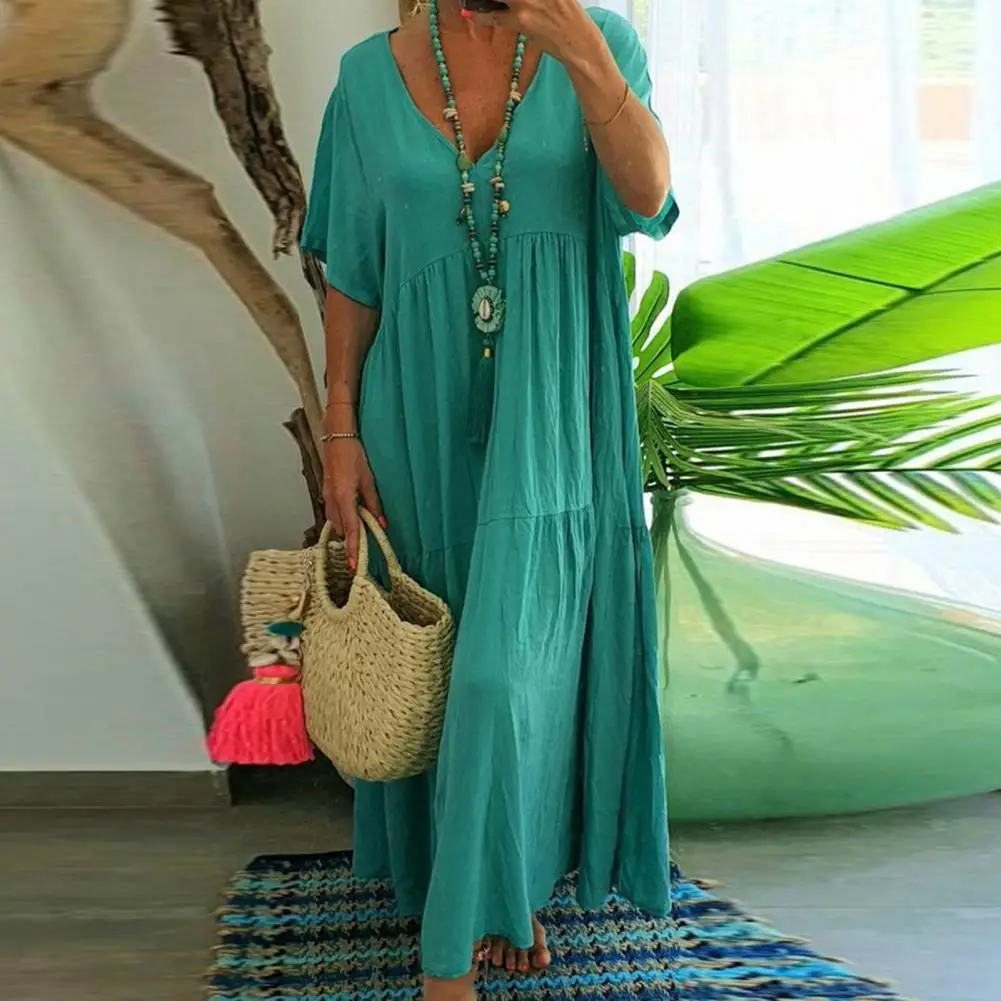 

Ladies Dress Vintage Pleated V-neck Maxi Dress Soft Solid Color Lady Summer Style with Short Sleeves Loose Hem Women Loose Dress