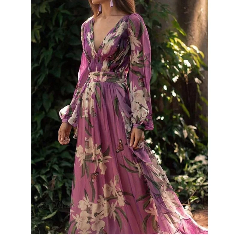 tropical floral print flowy dress,2021 ladies summer dress,Purple long sleeve v neck high waist floor-length vacation dress