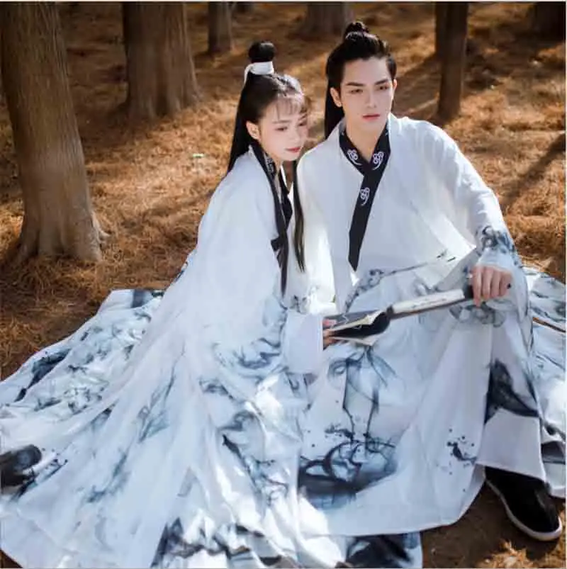 

Пары Hanfu китайское традиционное платье, фантазия, взрослый Косплей, наряд для вечеринки, белый Hanfu для мужчин и женщин, большие размеры