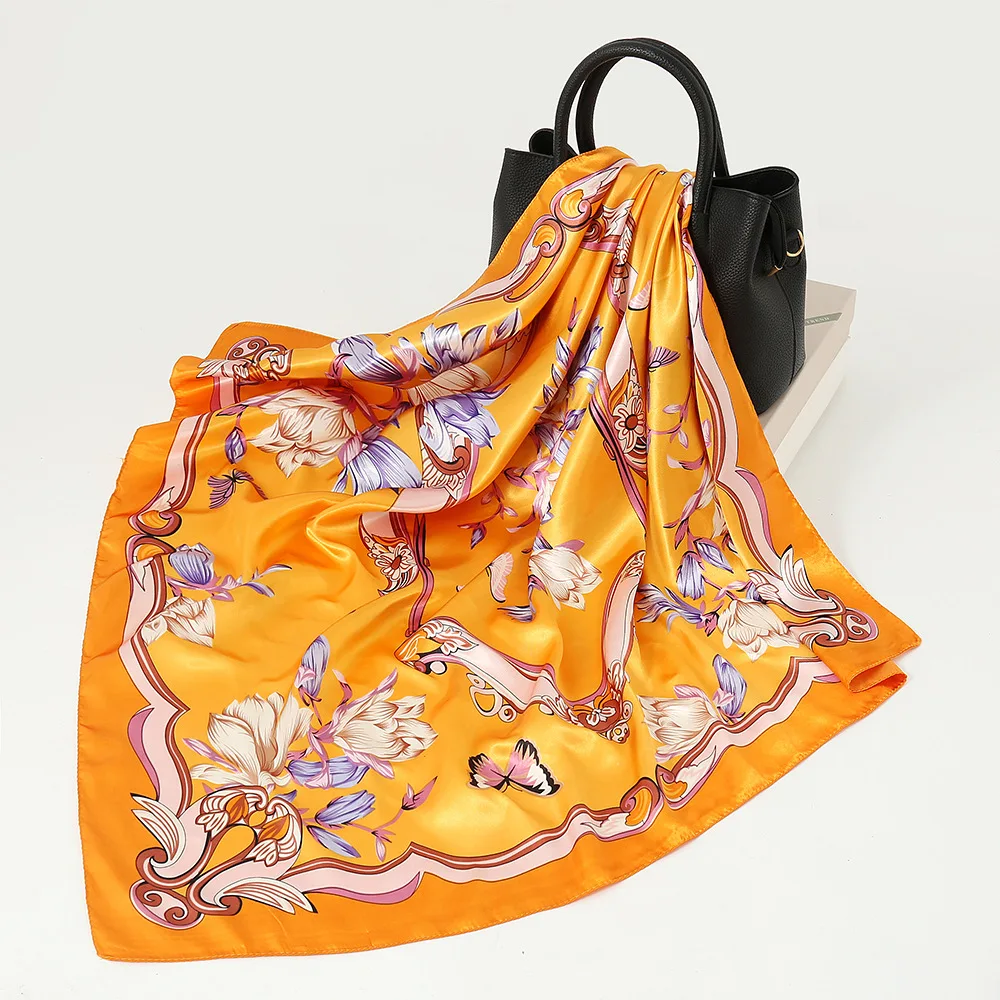 

90x90cm Fashion Shawl Scarves For Women Floral Print Satin Silk Hijab Scarf Female Square Kerchief Shawl Head Scarfs For Ladies