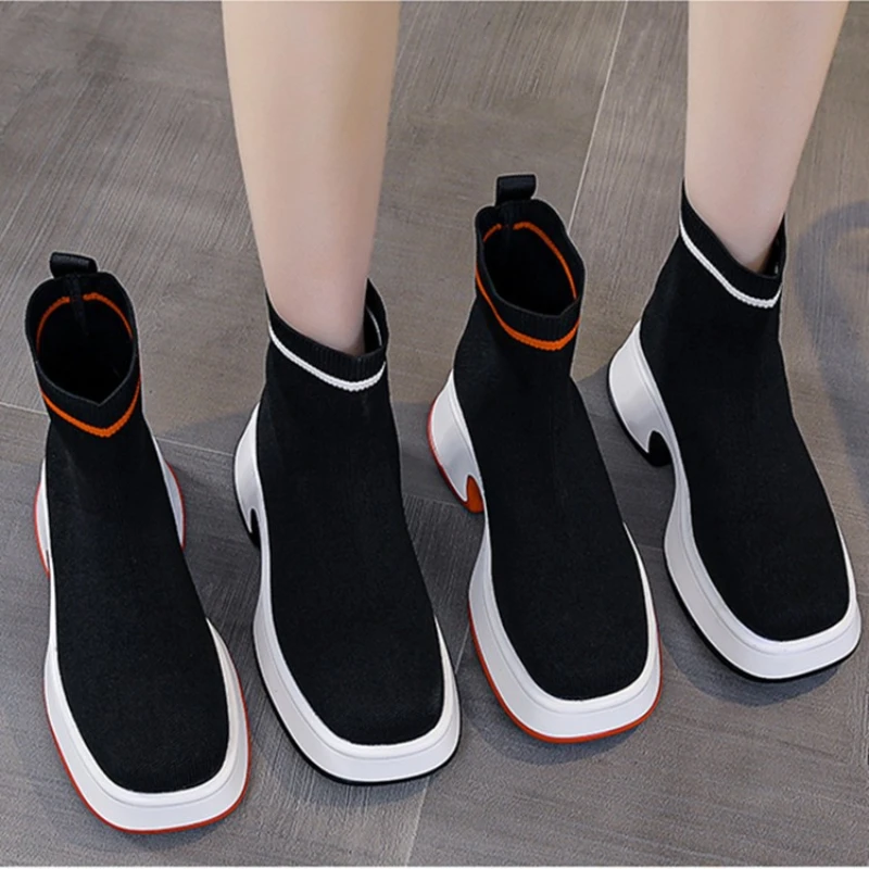 

Женские кроссовки, новинка 2022, женские вязаные ботильоны с круглым носком, обувь на платформе и высоком каблуке, слипоны, женская обувь