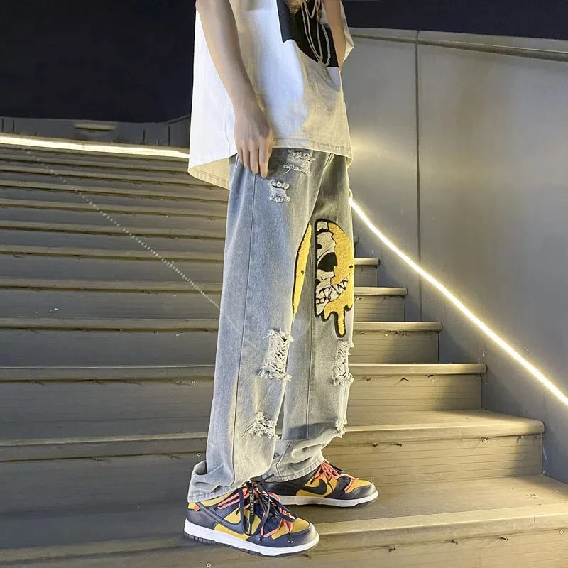 New Ropa Smiley Embroidery Hole Ripped Baggy Men Hip Hop Jeans Pants Y2k Clothes Straight Goth Denim Trousers Pantalones Hombre