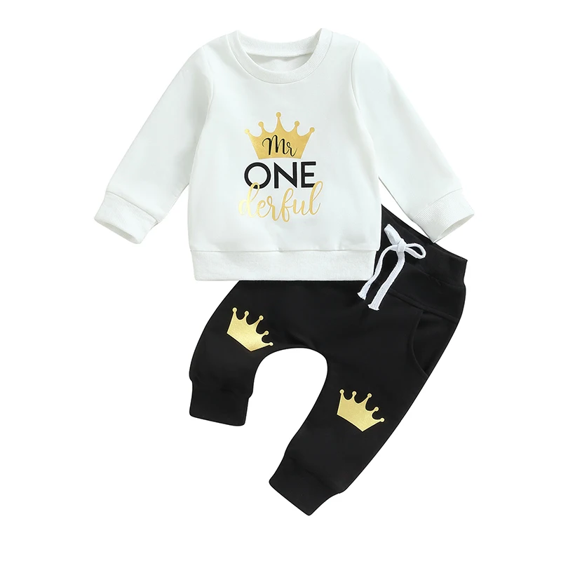 

2Pcs Baby Boy 1st Birthday Outfits Long Sleeve Crown Letter Print Sweatshirt Pants Set Infant Clothes