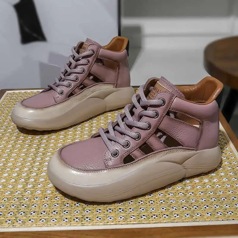 Roman Sandals Women's 2023 Summer New Vintage High Top Thick Sole Baotou Genuine Leather Large Head Cut-out Sports Small White