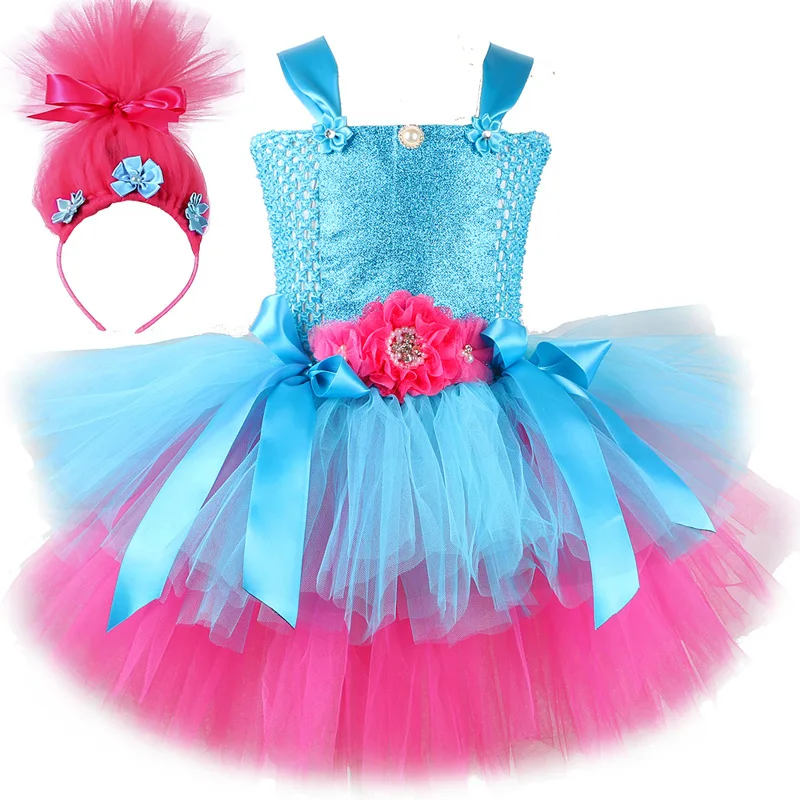 

Trolls Inspire Tutu Dress Baby Girls Princess Poppy Dresses for Kids Magic Elves Halloween Costume Fairy Flower Clothes Outfits