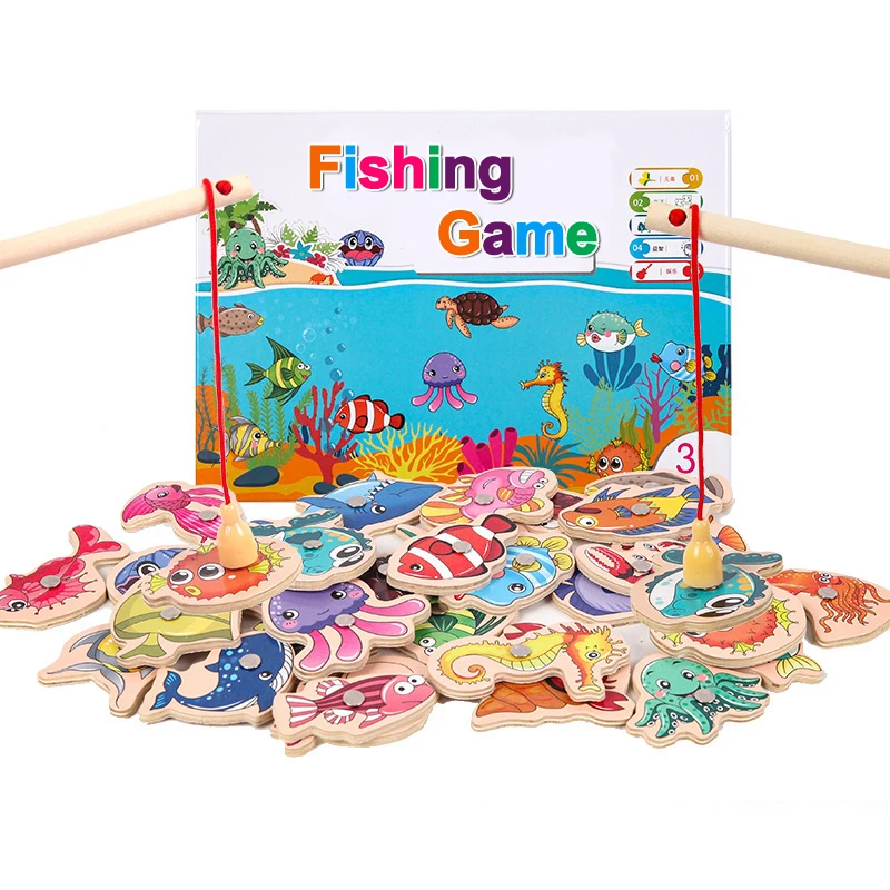 

Рыболовные игрушки, деревянные магнитные игрушки Монтессори для детей, мультяшная Морская жизнь, познавательные игры для рыб, Обучающие ин...