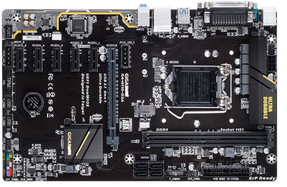Б/у материнская плата для майнинга 6GPU 6pcie Socket LGA 1151 DDR4 Gigabyte GA-H110-D3A Mainbaord USB3.1 |