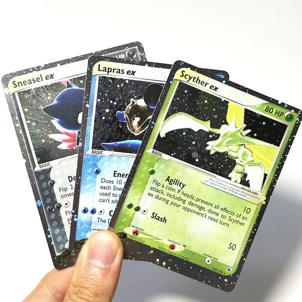 Фото Коллекционные карты PTCG Ruby & Sapphire Series PKM: Редкие фольгированные карты Blaziken (прокси-карты) # 3 Лапрас экз. # 99 Мьюту ex # 101 Scyther ex # 102 Снейсел ex # 103 №4